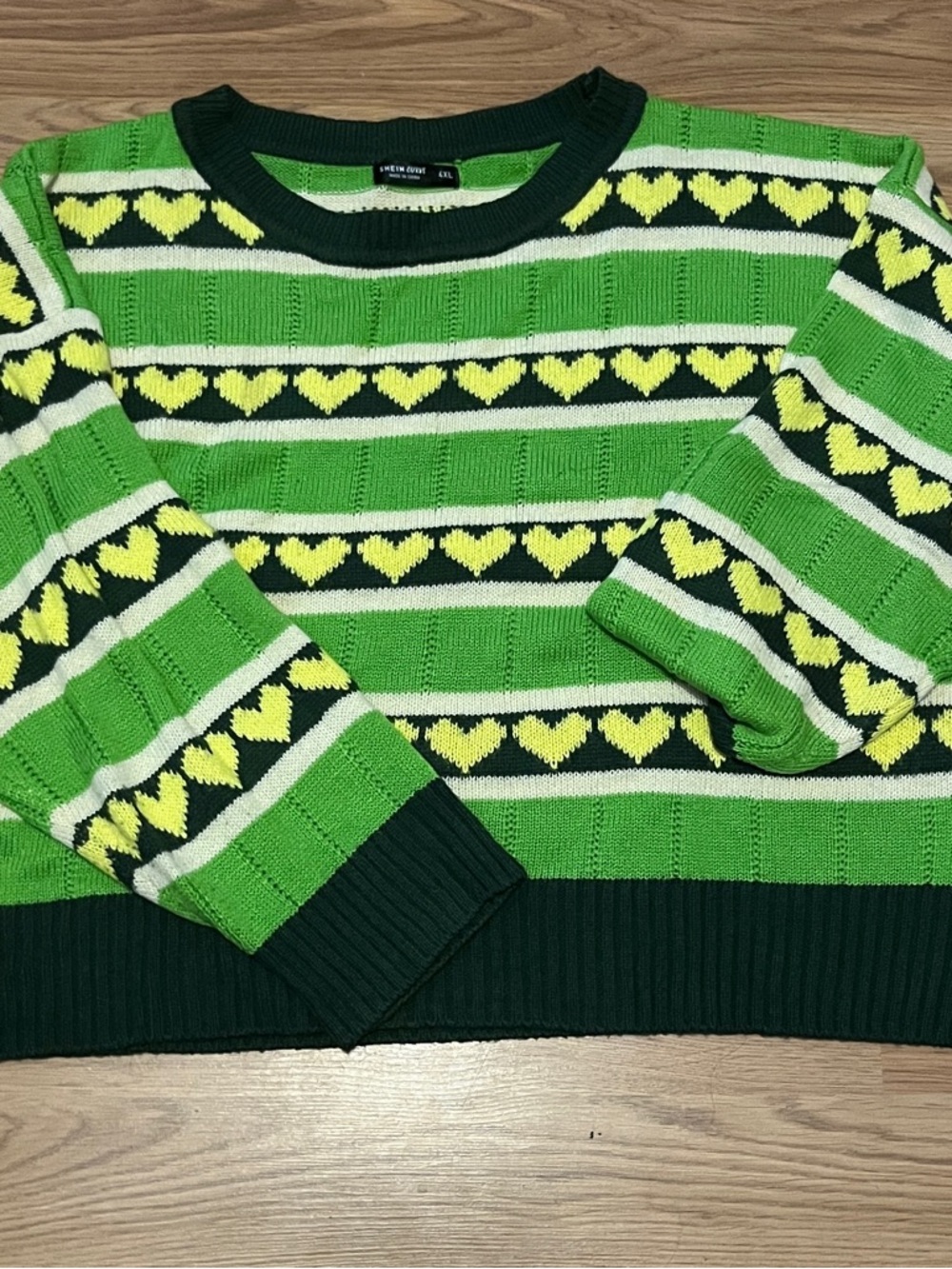 SHEIN Green & Yellow Heart Stripe Crewneck Sweater